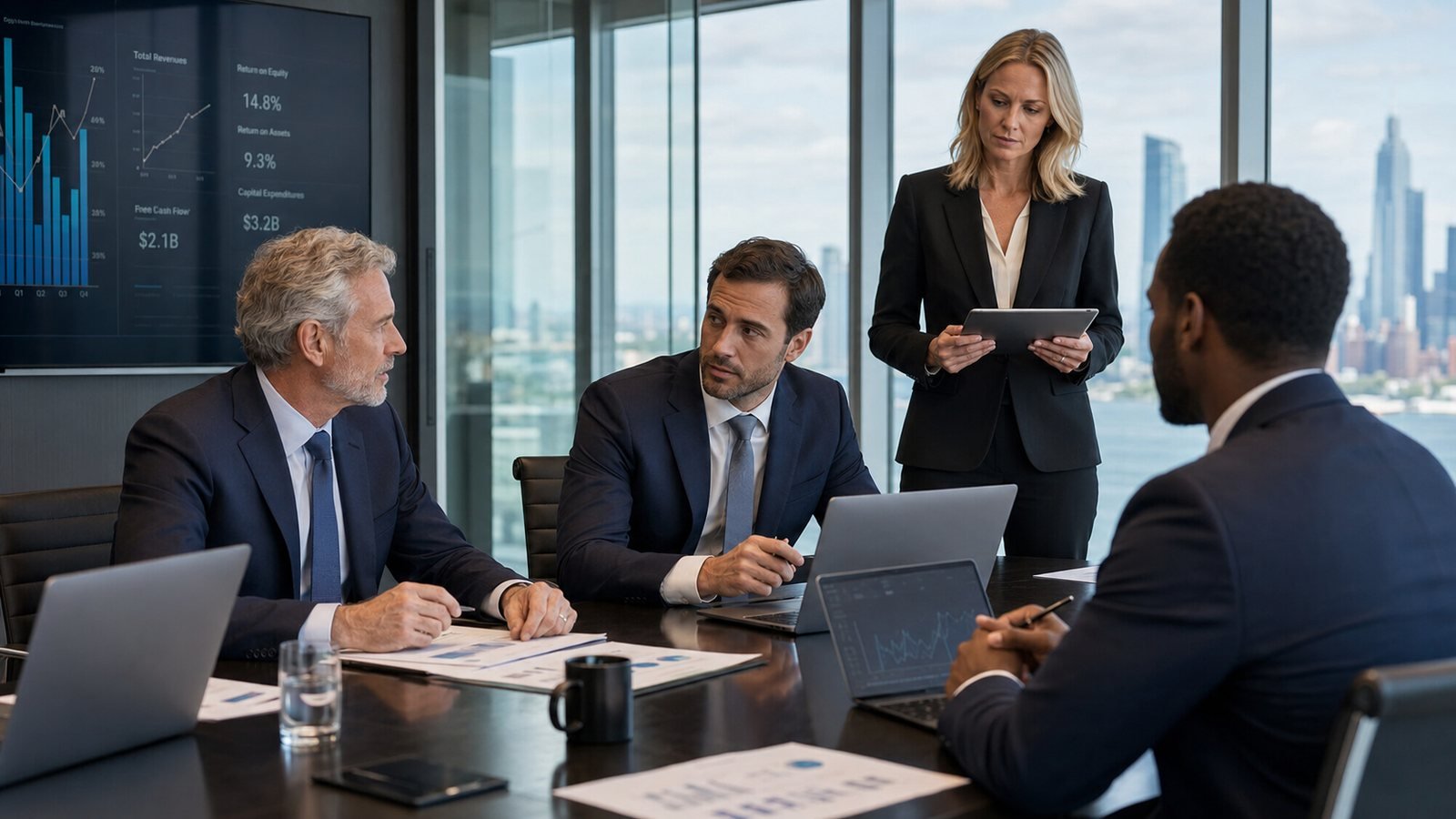 Corporate AI audit review in an executive boardroom